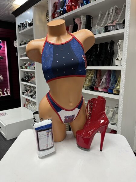 USA Spirit Crystal Set featuring a high-neck crop top, matching bottoms, and sparkling rhinestone embellishments