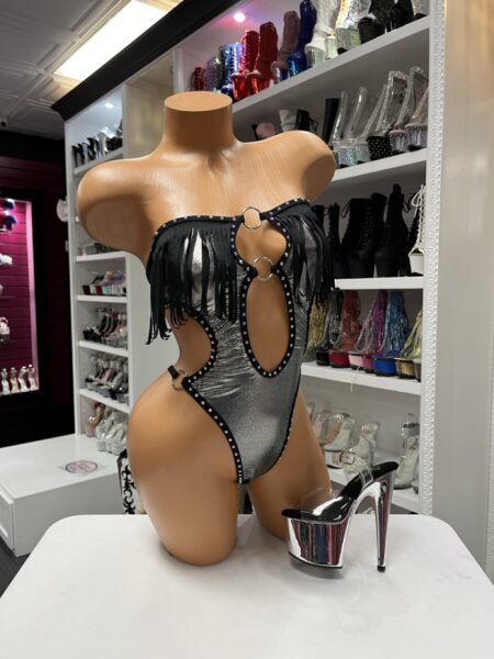 Silver Fringe Ring Monokini with black fringe, metallic silver fabric, crystal embellishments, and decorative rings.