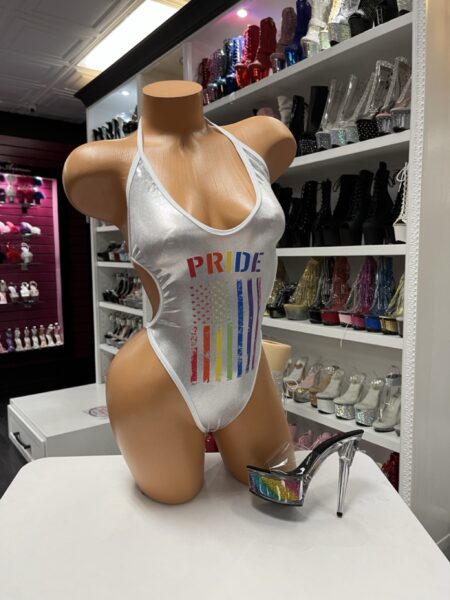 Pride Flag Silver Bodysuit with metallic finish, colorful pride flag graphic, and halter neckline