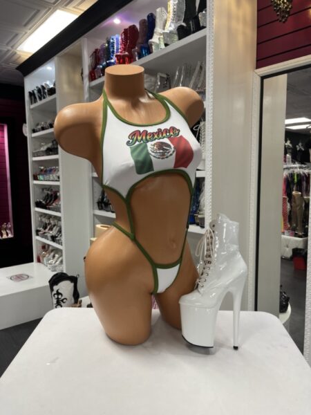 White Mexico pride cutout bodysuit featuring green trim details and vibrant Mexico-inspired graphic artwork