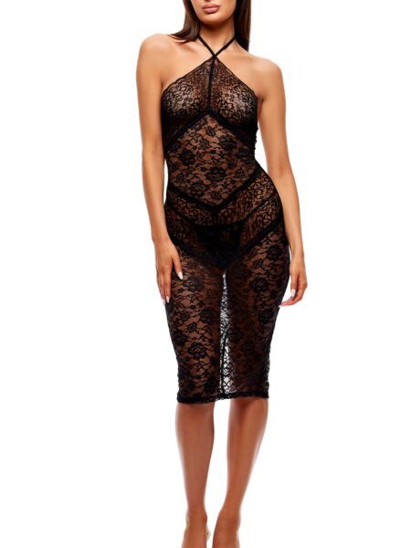 Close Contact 2-Piece Stretch Lace Midi Dress Set - Black - Black