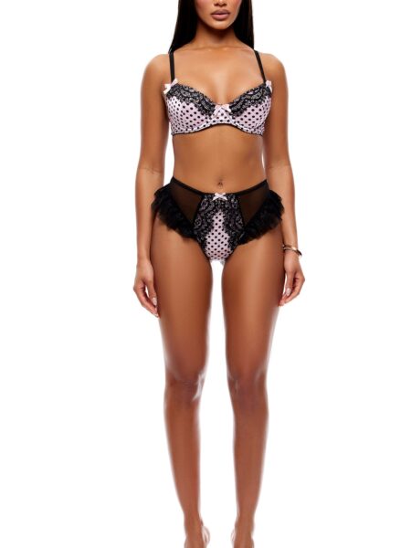 On The Dot 2-Piece Polka Dot Lace Bra and Thong Set - Light Pink/Black - Light Pink Black