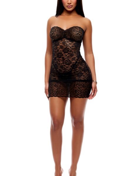 Close Contact 2-Piece Stretch Lace Mini Dress Set - Black - Black