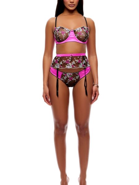 In Full Bloom 3-Piece Embroidered Floral Lace Bra and Garter Belt Set - Multicolor - Multicolor
