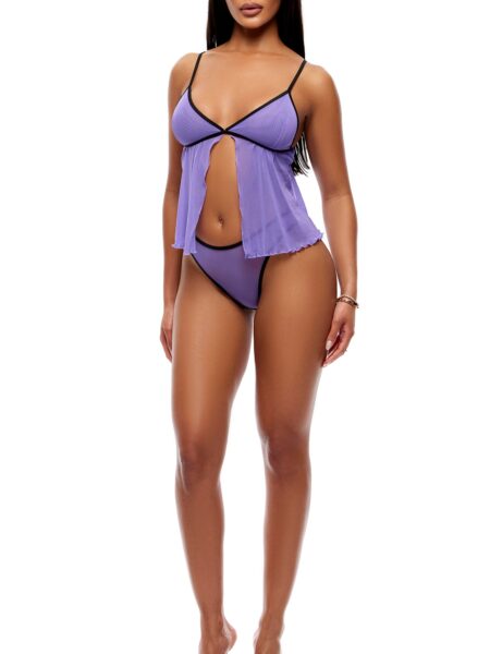 Home Body 2-Piece Sheer Mesh Babydoll Cami Set - Purple - Purple