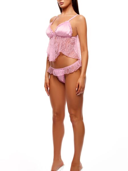 Soft Girl Era 2-Piece Sheer Mesh and Lace Cami and Thong Set - Light Pink - Light Pink
