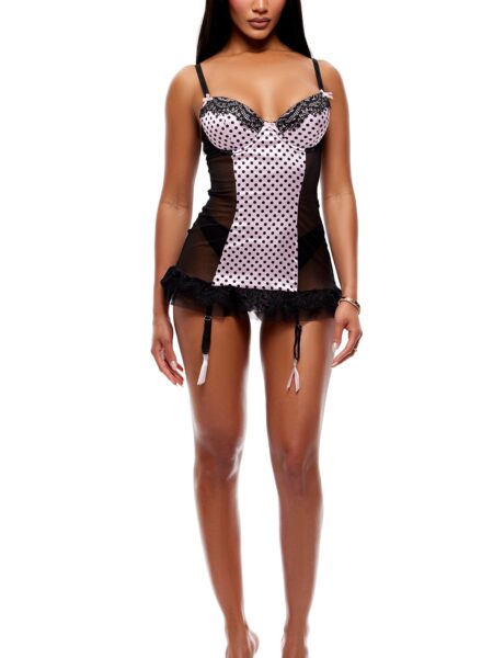 On The Dot 2-Piece Polka Dot Lace Chemise Set - Light Pink/Black - Light Pink Black