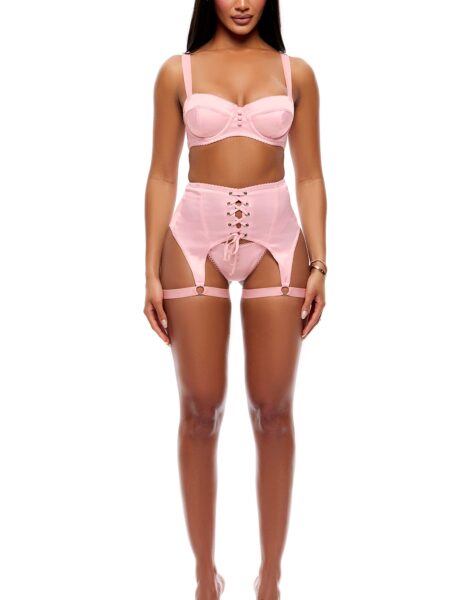 Tied and Tempted 3-Piece Satin Lace Up Bra and Garter Belt Set - Light Pink - Light Pink