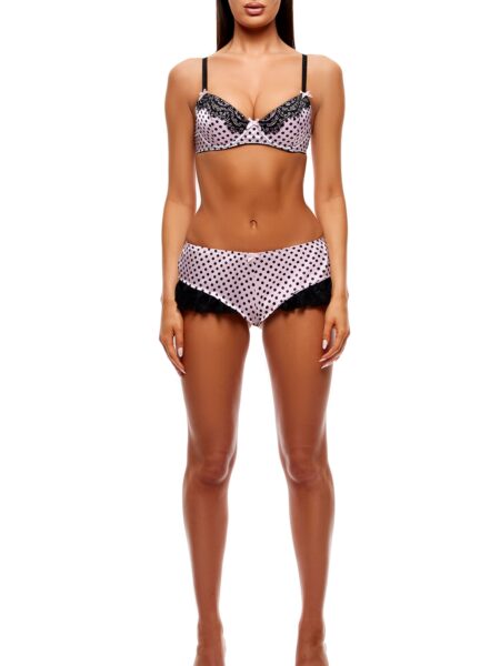 On The Dot 2-Piece Polka Dot Lace Bra and Shorts Set - Light Pink/Black - Light Pink Black