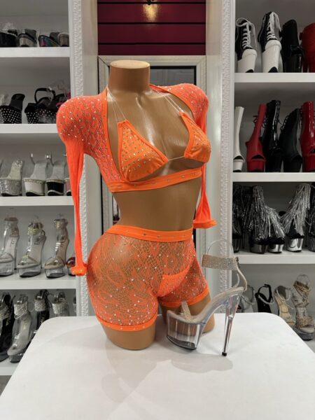 Neon Fishnet Shorts Set with rhinestone triangle top, matching thong, fishnet shorts, and sheer long-sleeve bolero.