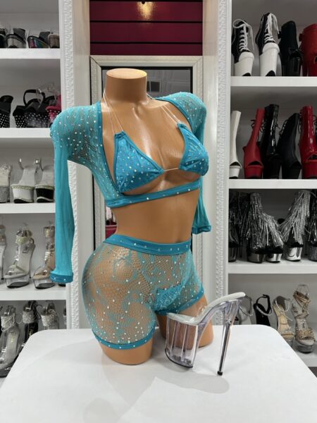 Aqua Fishnet Shorts Set with rhinestone triangle top, matching thong, fishnet shorts, and sheer rhinestone bolero.