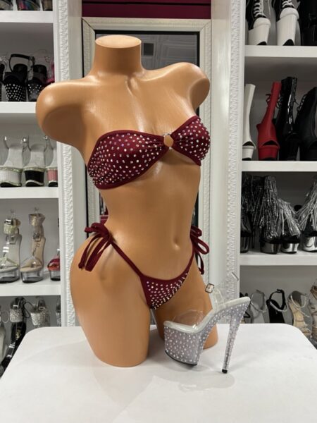 Maroon Rhinestone Bikini featuring a rhinestone bandeau bikini top with a center ring detail, matching adjustable side-tie bikini bottom, soft stretch fabric, and sparkling embellishments.