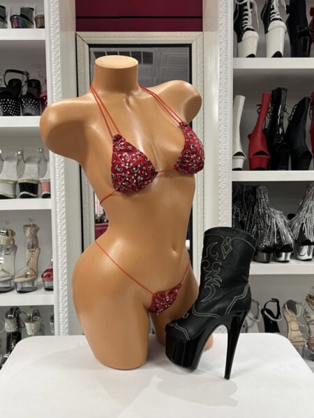 Bandana Print Bikini featuring a classic red paisley print, adjustable triangle halter top, matching adjustable side-tie bikini bottom, soft stretch fabric, and western-inspired style.