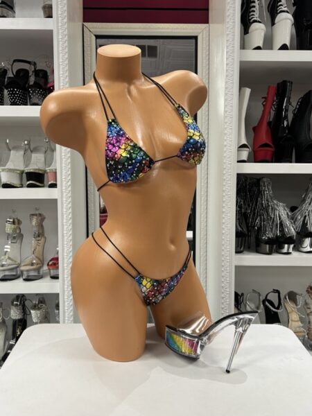 Rainbow Scale Bikini featuring a colorful mermaid-inspired scale print, adjustable triangle halter top, matching adjustable bikini bottom, soft stretch fabric, and vibrant rainbow colors.