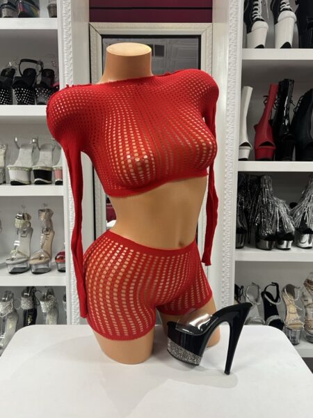 Red Fishnet Shorts Set featuring a long sleeve fishnet crop top and matching high-waisted fishnet shorts.