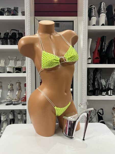 Neon Lime Rhinestone Bikini with sparkling rhinestones, triangle bikini top, adjustable string ties, and matching micro thong.