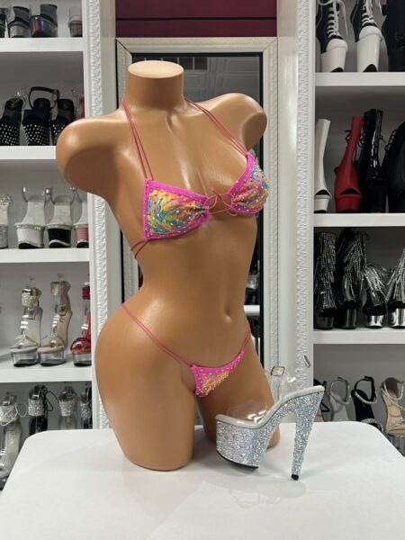 Neon Swirl Micro Bikini featuring colorful swirl print, rhinestone embellishments, hot pink trim, triangle bikini top, and matching micro thong.
