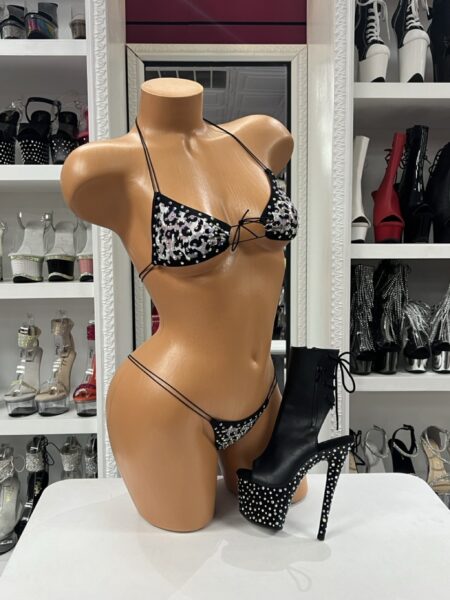 Snow Leopard Micro Bikini with white and black animal print, rhinestone embellishments, triangle bikini top, and matching micro thong.