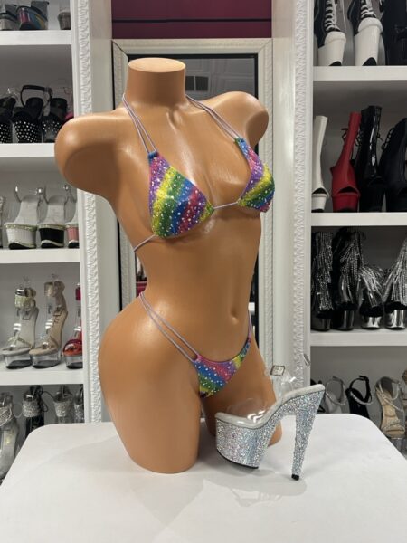 Rainbow Rhinestone Micro Bikini with colorful striped print, rhinestone embellishments, triangle top, and matching micro thong.