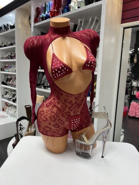 Maroon lace romper set with a floral lace long sleeve romper and matching rhinestone triangle bikini.