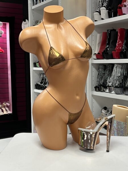Brown Mesh Micro Bikini featuring sheer metallic mesh fabric, adjustable triangle top, matching micro thong bottom, ultra-minimal silhouette, soft stretch construction, and rich brown shimmer finish.