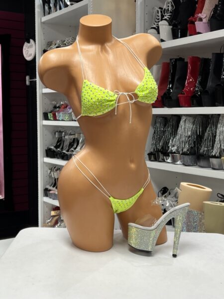 Neon Yellow Leopard Squarekini featuring a bold leopard print, sparkling rhinestones, adjustable squarekini top, matching double-strap bikini bottom, soft stretch fabric, and vibrant neon yellow color.