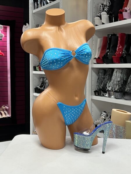 Turquoise Teardrop Bikini featuring a rhinestone teardrop bandeau top with a polished center ring, matching high-cut bikini bottom, adjustable clear side straps, soft stretch fabric, and vibrant turquoise color.