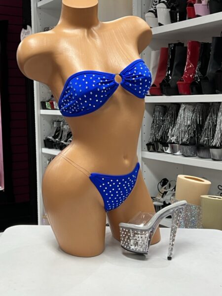Royal Blue Ring Bikini with rhinestone bandeau top, center ring accent, and matching high-cut bikini bottoms.
