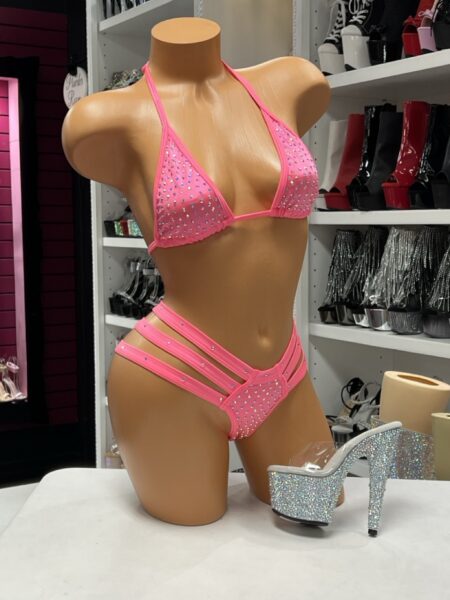 Pink Rhinestone Strap Bikini featuring sparkling rhinestones, adjustable triangle top, and stylish triple side-strap bikini bottoms.