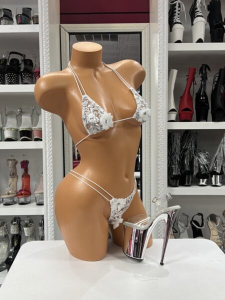 White Floral Bikini featuring embroidered lace, sparkling rhinestones, pearl accents, three-dimensional floral appliqués, an adjustable triangle halter top, matching side-tie bikini bottom, and elegant bridal-inspired styling.