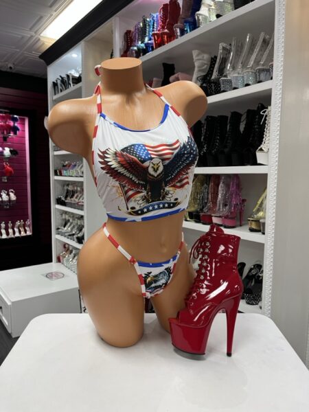 Freedom Eagle Bikini Set featuring patriotic eagle graphics on a halter top and matching adjustable thong.