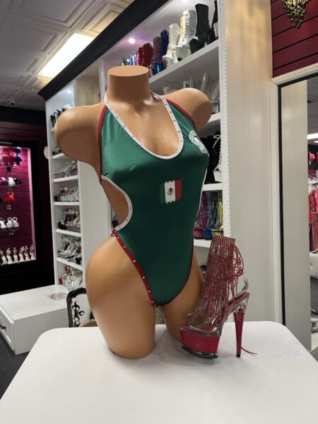 Mexico Flag Side Monokini featuring green stretch fabric, crystal trim, Mexican flag graphic, halter neckline, and flattering side cutout design.