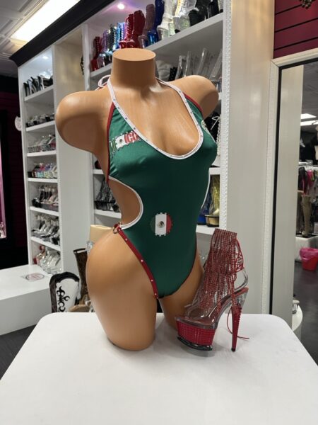 Mexico Side Cut Monokini featuring green fabric, Mexican flag graphics, crystal accents, halter neckline, and flattering side cutout design.