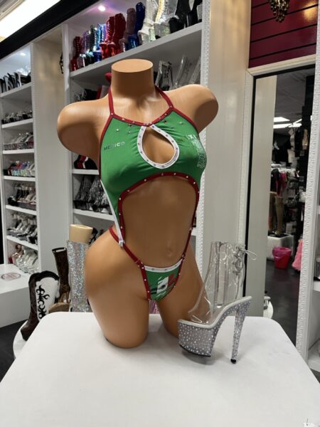 Mexico Crystal Cutout Monokini featuring a Mexican flag inspired print, crystal embellishments, front keyhole cutout, halter neckline, and high-cut one-piece silhouette.