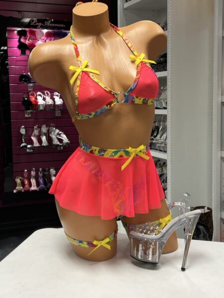 Neon Mosaic Skirt Set with halter ring top, sheer mesh skirt, colorful mosaic trim, yellow satin bows, and matching leg garters.