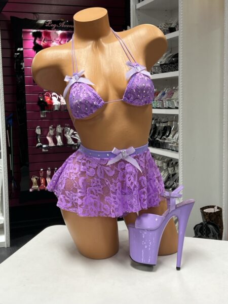 Lavender Lace Skirt Set with rhinestone triangle top, matching thong, satin bows, and lace mini skirt.