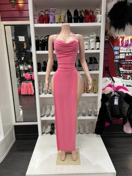 Lipstick side slit maxi dress with a draped cowl neckline, rhinestone shoulder straps, and dramatic high side slits.