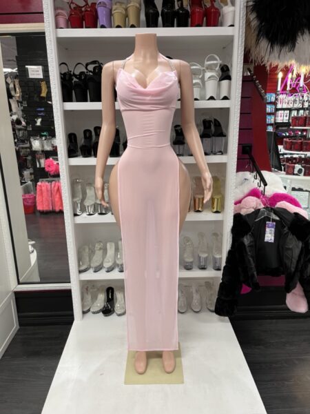 Pink sheer mesh maxi dress with a cowl neckline and dramatic high side slits.