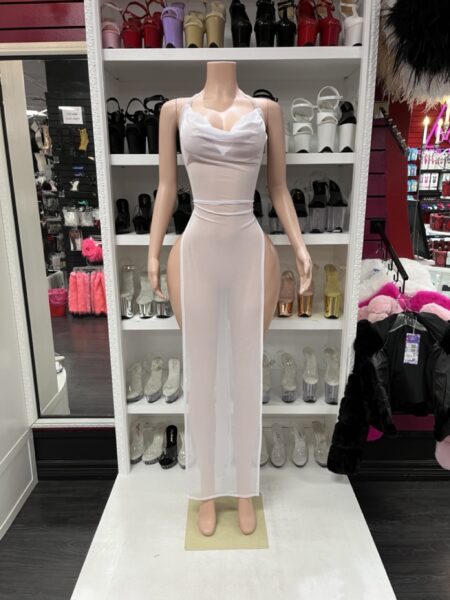 White sheer mesh maxi dress with a draped cowl neckline, rhinestone shoulder straps, and dramatic high side slits.