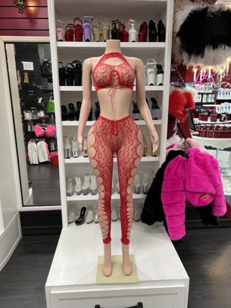 Red Lace Legging Set with a high-neck lace crop top, adjustable lace-up front, matching cutout leggings, coordinating thong, and stretch floral lace.