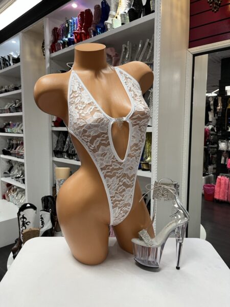 White Lace Jewel Monokini with floral lace overlay, crystal connector, plunging neckline, and open sling back.