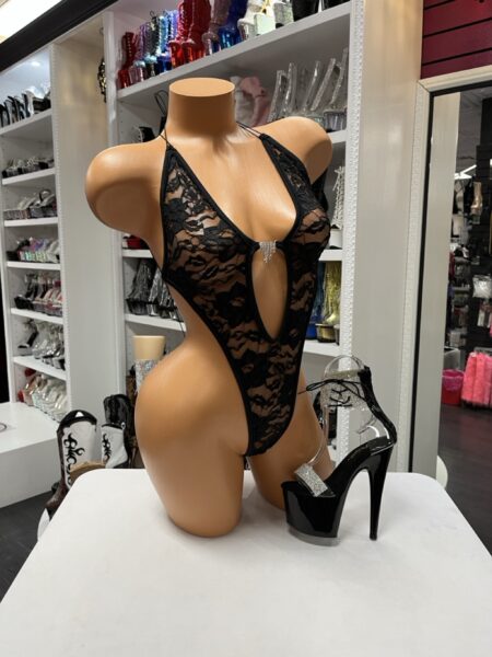 Black Lace Jewel Monokini with floral lace overlay, crystal connector, plunging neckline, and open sling back.