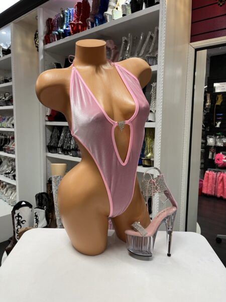 Blush Jewel Sling Monokini with crystal center detail, shimmer fabric, deep plunge neckline, and open sling back.