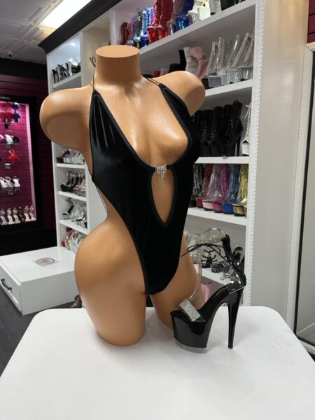 Black Jewel Sling Monokini with crystal connector, plunge neckline, strappy open back, and high-cut one-piece design.