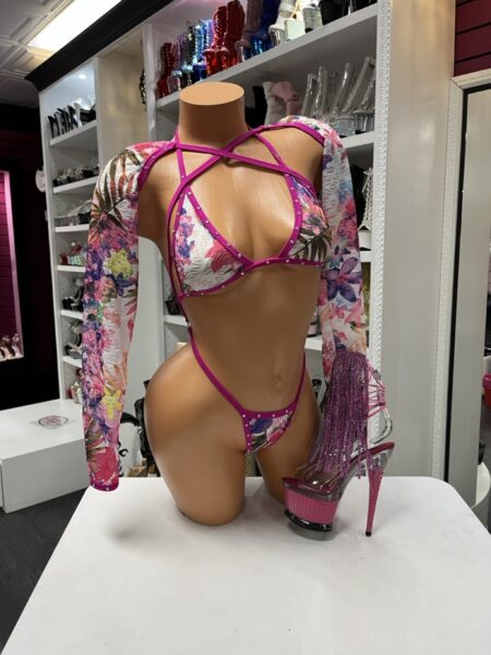 Floral Sleeve Sling Set with triangle halter top, attached long mesh sleeve sling bottom, tropical floral print, and rhinestone trim.