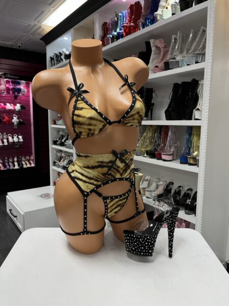 Tiger Garter Bikini Set with tiger print triangle bikini, crystal trim, satin bows, and matching garter belt with attached leg garters.