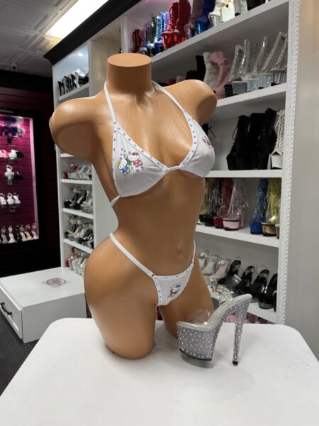 White Kawaii Rhinestone Bikini with colorful kawaii-inspired graphics, sparkling rhinestone trim, adjustable triangle halter top, and matching thong bottom.