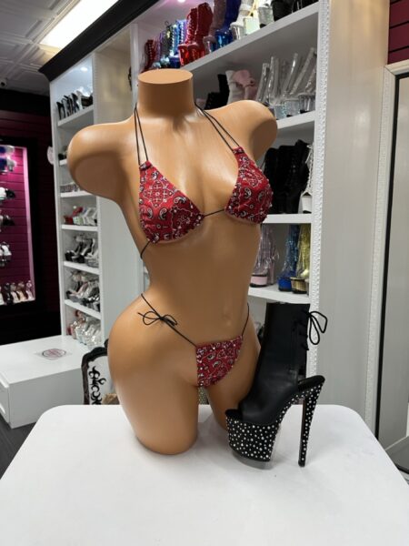 Red Bandana Micro Bikini with triangle top, tie-side micro thong, adjustable string ties, and classic paisley print.