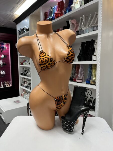 Leopard Triangle Micro Bikini with rhinestone accents, adjustable straps, classic triangle top, and matching micro thong.