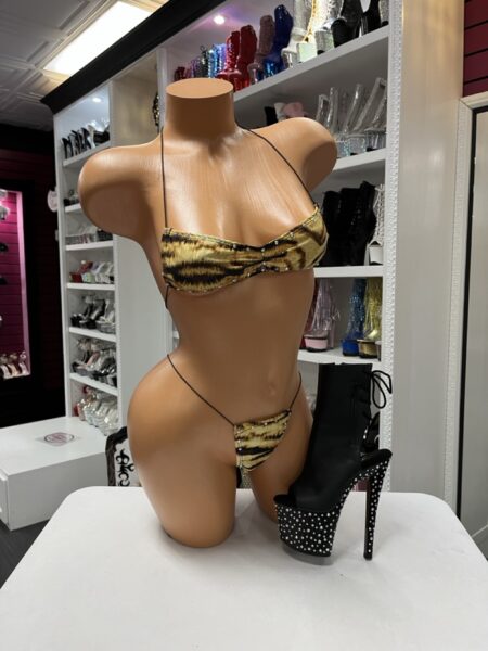 Tiger Stripe Micro Bikini featuring rhinestone accents, ultra-thin straps, bandeau-style top, and matching micro thong.